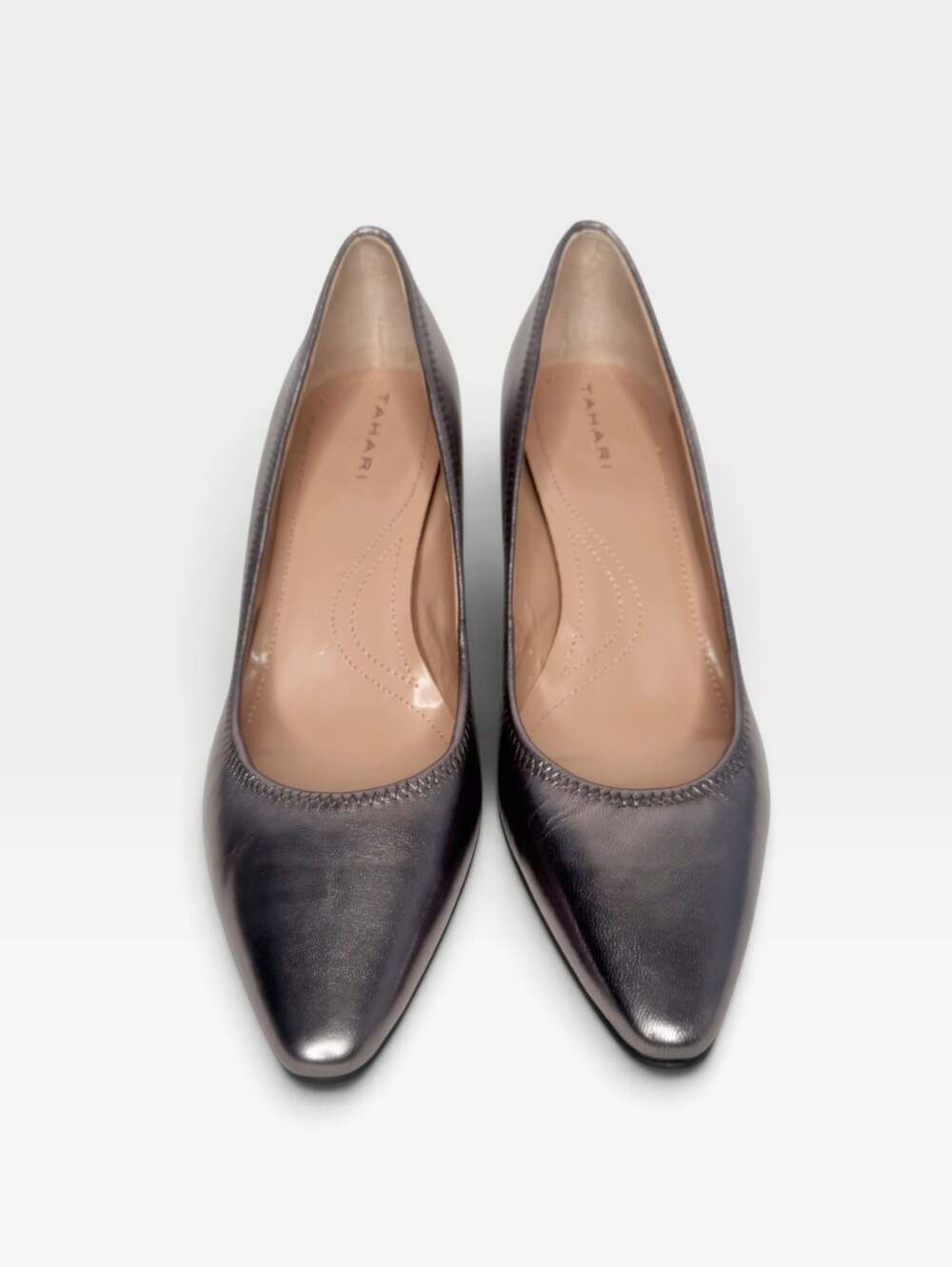 Tahari Brett Leather Metallic Gunmetal Gray Pointed Toe Kitten Heels SZ 9